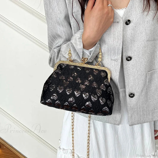 Heart Pattern Stylish Evening Clutch Chain Crossbody Bag Black clutchbag-250126