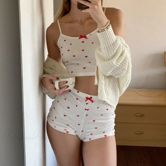 Heart Print Bow Trim Spaghetti Strap Camis Elastic Shorts Two Pieces Set twopiecesset-250126