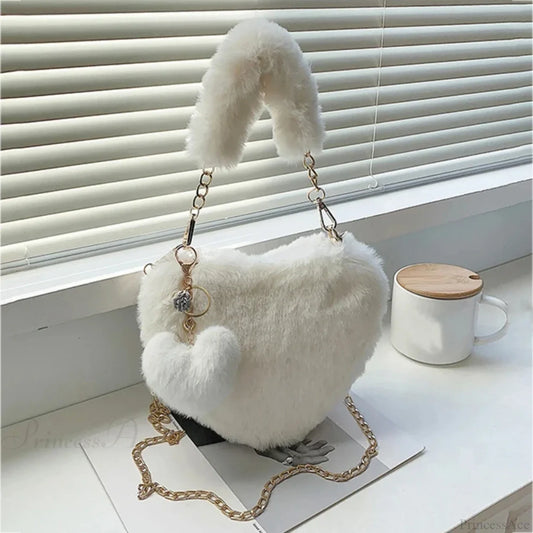 Heart-shaped Faux Fur Plush Small Crossbody Handbag White handbag-250126