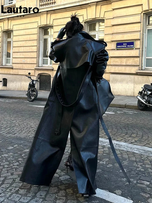 High Slit Black PU Leather Overcoat Black / S