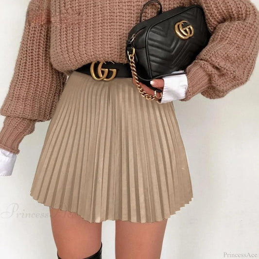 High Waist Pleated Faux Leather Skirt Khaki / S