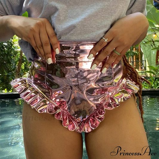 High Waist Ruffle Wide Modern Leg Shorts - Gold S / Pink