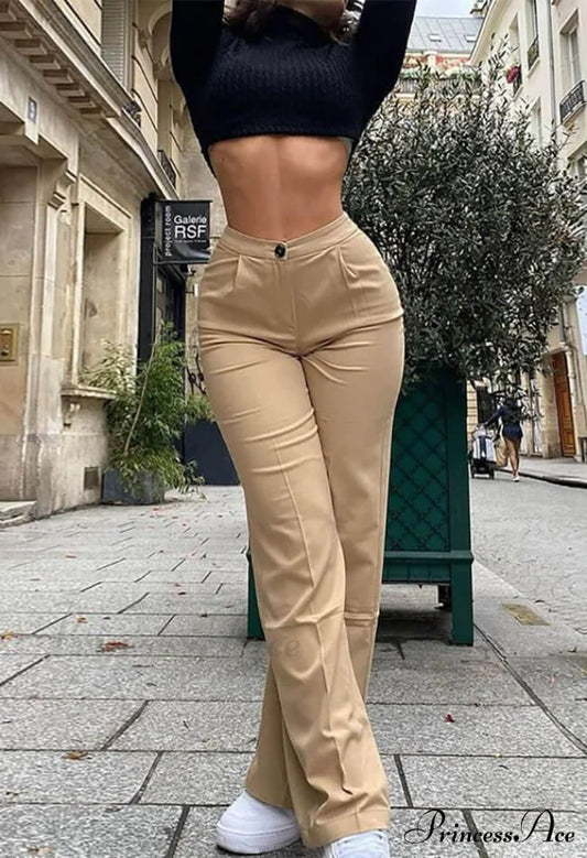 High Waist Solid Trendy Flare Leg Pants Khaki / M