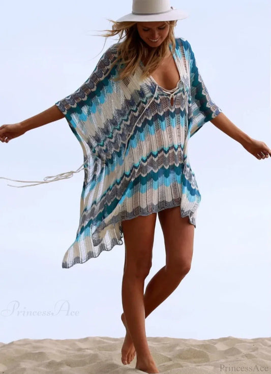 Hollow Deep V-neck Lace Boho Mini Dress Cover up Blue / One Size bohocoverup-250126
