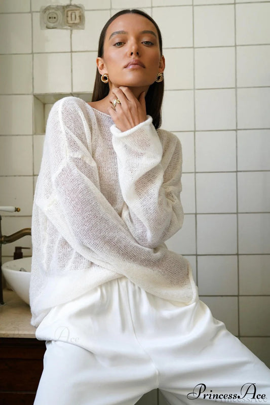 Hollow Out Bell Sleeve Knit Sweater White / S