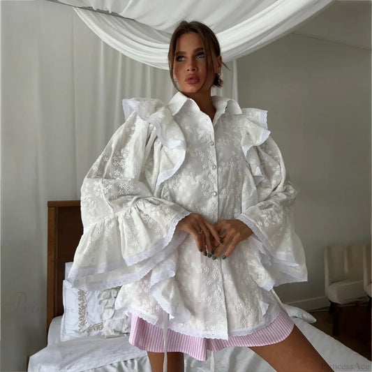 Hollow Out Lotus Leaf Edge White Blouse White / S blouse-250223