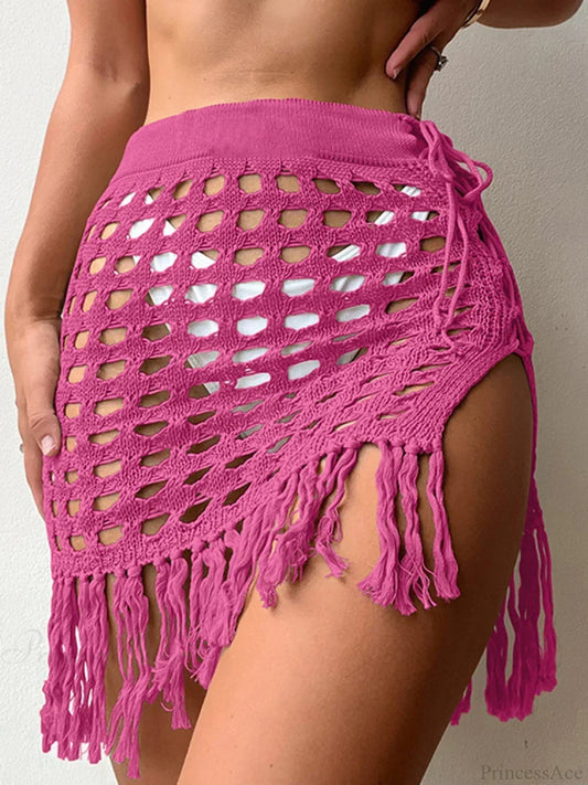 Hollow Out Mesh Beach Wrap Skirt Cover Up Rose Red / S