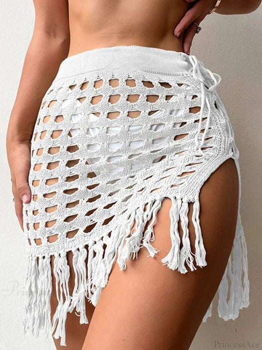 Hollow Out Mesh Beach Wrap Skirt Cover Up WHITE / S