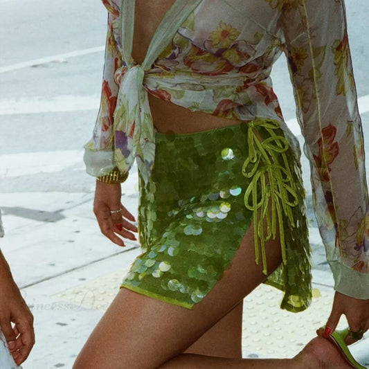 Hollow Out Sparkle Sequined Skirt Green / S skirts-250223
