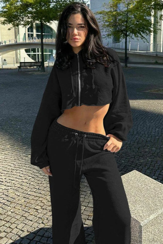 Hooded Zipper Cropped Slim Fit Casual Two Piece Set Black / S