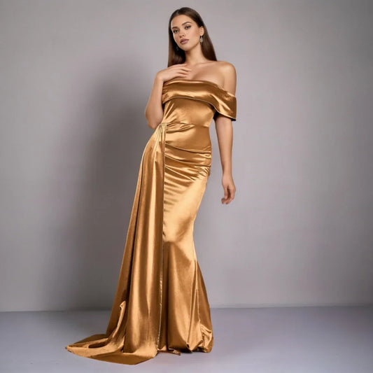 Ruched Long Satin Party Dress Gold / Xs Partydress-241208