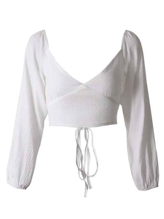Long-Sleeved With Strap Crop Top V-Neck Women’s Tie