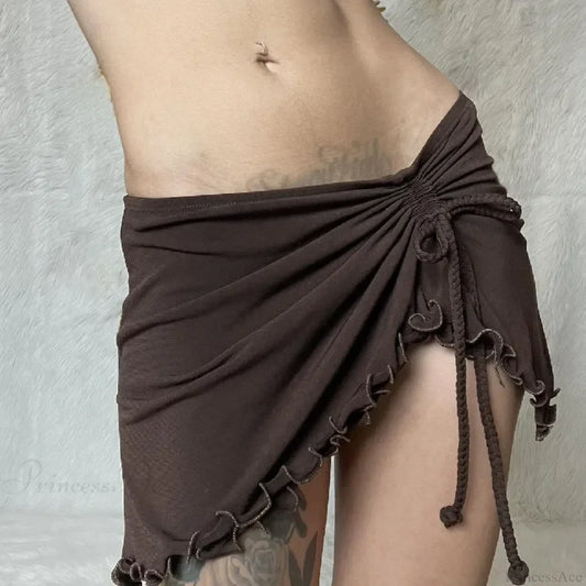 Irregular Drawstring Bandage Skirt Dark Brown / S