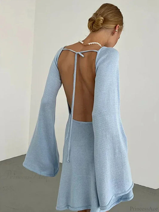 Knitted Backless Lace Up Bikini Cover Up Blue mini dress / S