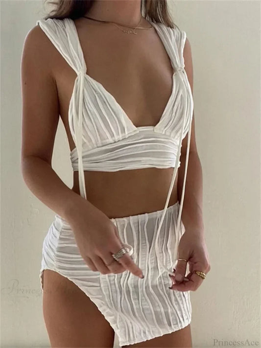 Knitted Deep V-neck Tank Crop Top High Waist Split Mini Skirt Set WHITE / S twopiecesset-250126