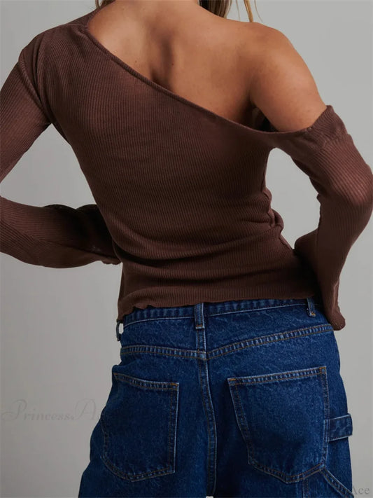 Knitted Long Flare Sleeve Solid Slim Fit T-Shirts Off Shoulder