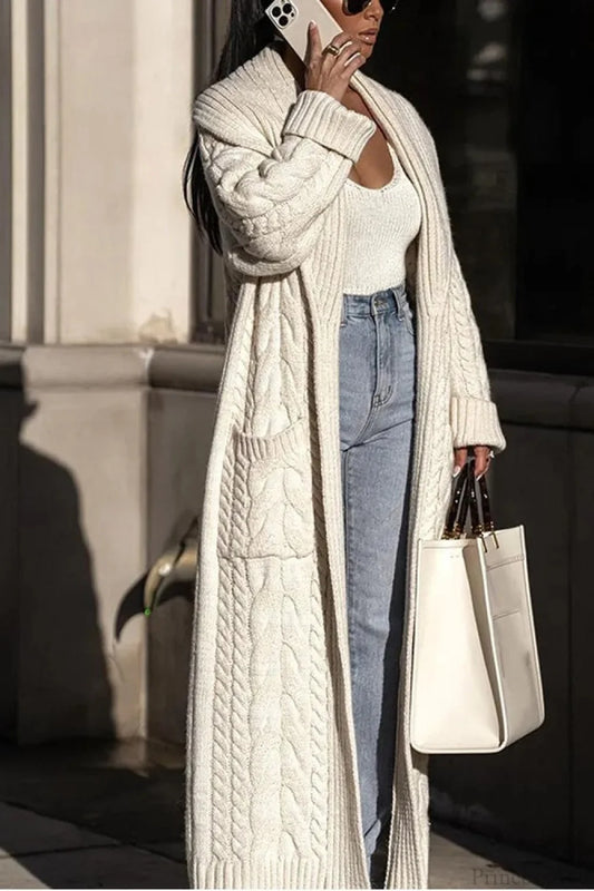 Knitted White Lapel Woolen Double Pocket Overcoat White / S