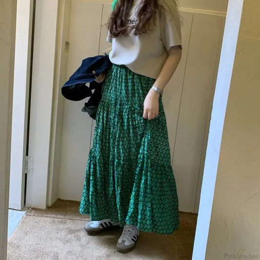 Korean Style Casual Classic Ladies Maxi Floral Skirt Loose A-line Green / S skirt-250126