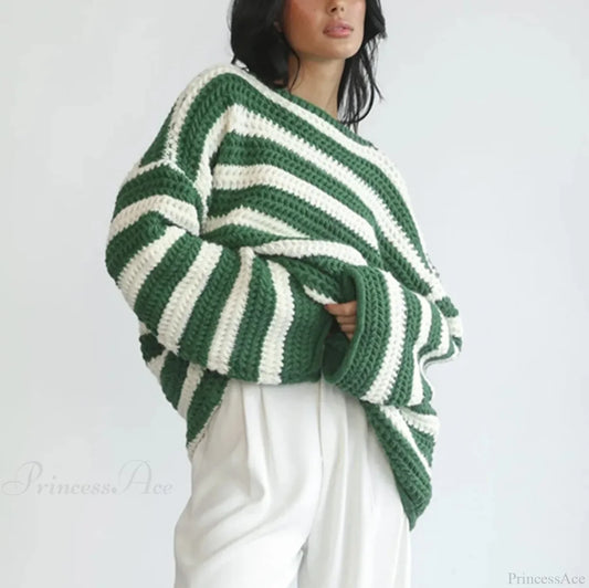 Korean Style Striped Oversized Sweater Green / S