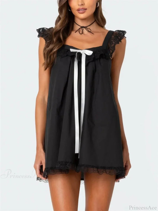 Lace Bowknot Embellished Mini Dress Black / S minidress-250223