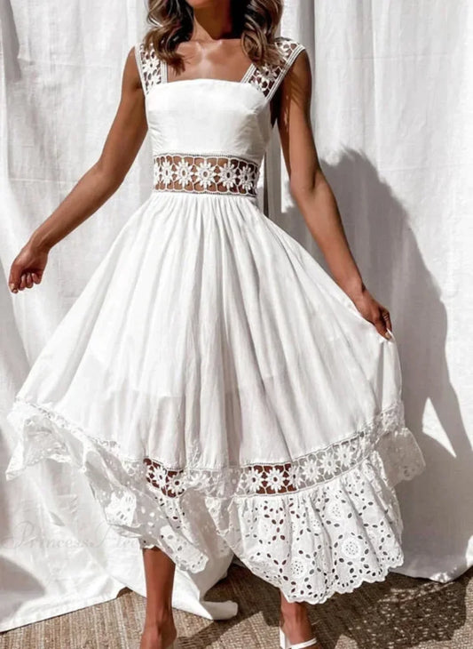 Lace Cotton Sleeveless White Hollow Out Maxi Boho Sundress White / S bohodress-250126