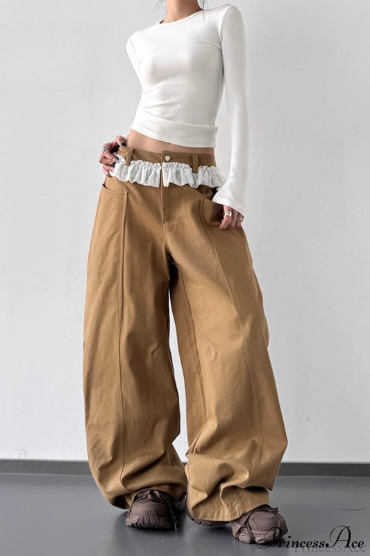 Lace Panel High Waist Wide Leg Jeans Khaki / S
