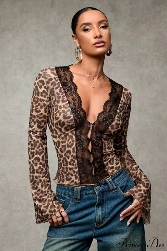 Lace Panel Leopard Slim Flared Sleeve Long Sleeve Tee Brown / S