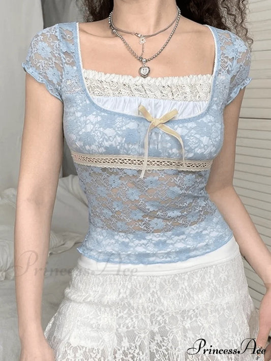 Lace Patchwork Graceful Butterfly Print Dress Blue / S Shirts
