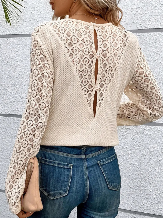Lace Stitching Solid Color Casual Round Neck Long Sleeve T-shirt Women apricot / XS knittop-250126