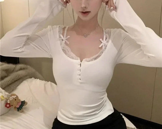 Lace Stitching V-neck Skinny Pink Coquette Aesthetic Top Women knittop-250126