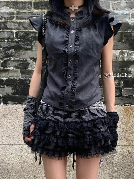 Lace Trim Puffy Ruffle Skirt Black / XS