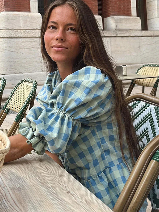 Lace-Up Tie-Up Puff Sleeve Midi Blouse blouse-250223