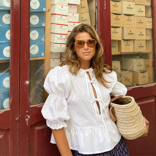 Lace-Up Tie-Up Puff Sleeve Midi Blouse White / S blouse-250223