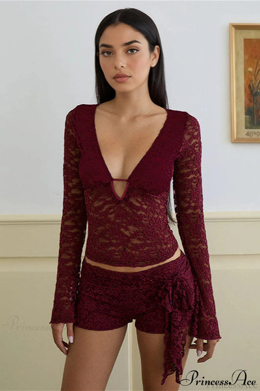 Lace V Neck Cutout Long Sleeve Tee Red / S