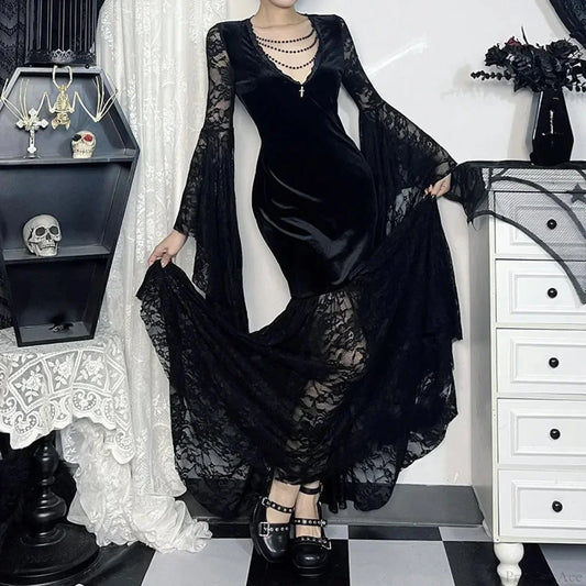 Lacy Mesh V-Neck Long Dress Black / S