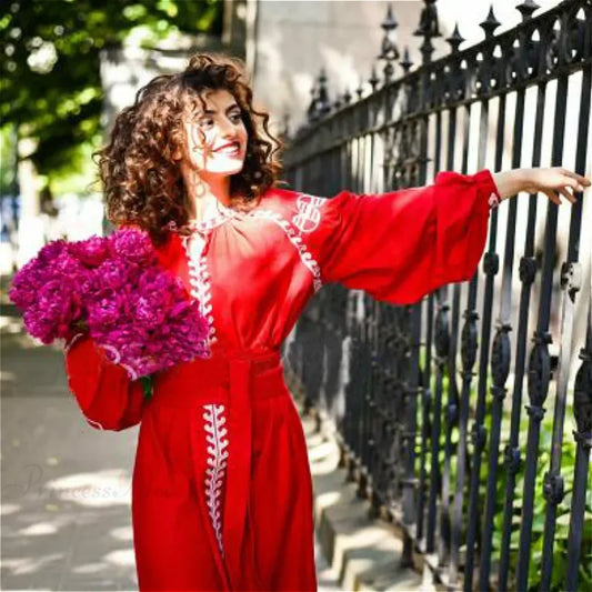 Lantern Sleeve Ethnic Tunic Boho Dress RED / S bohodress-250126