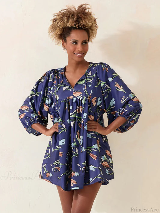 Lantern Sleeve Loose Floral Tied Bodydoll Short Floral Dress Blue / S floraldress-250126