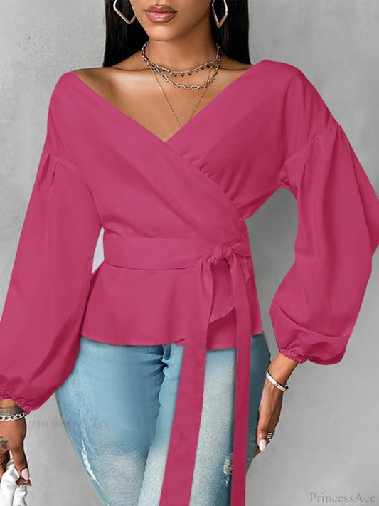 Lantern Sleeve Ruffled Belted Solid Color Blouse Dark Pink / 0XL blouse-250126