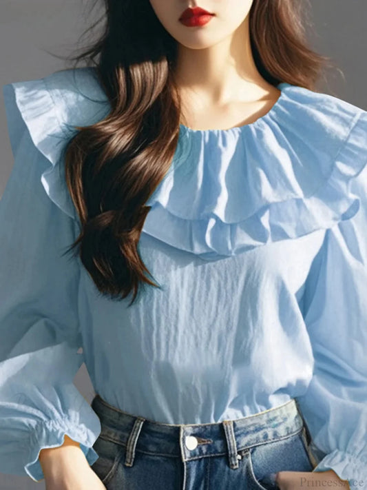 Lantern Sleeve Ruffled Round Neck Blouse Blue / S blouse-250126