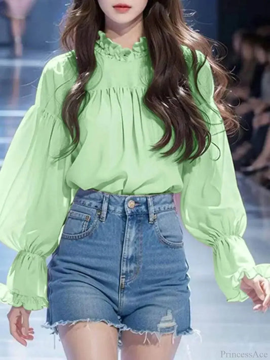 Lantern Sleeve Solid Stand Collar Blouse Green / S blouse-250126