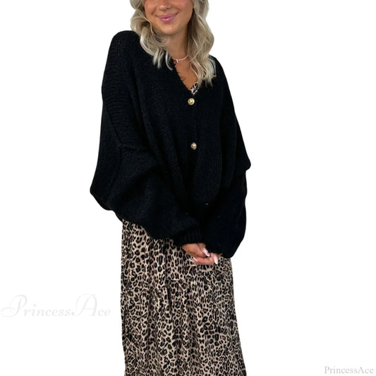 Lantern Sleeve Stand Collar Cardigan Black / S