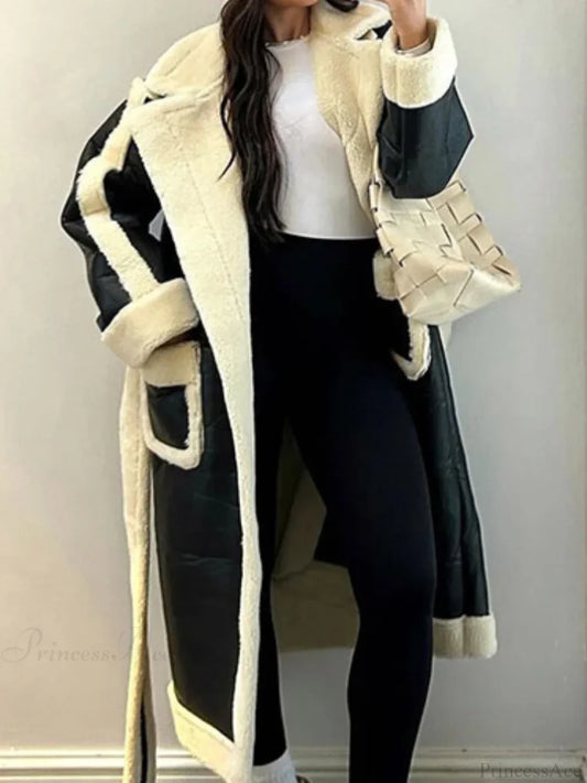 Lapel Contrast Leather Loose Coat