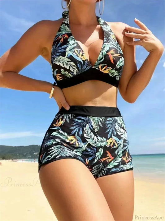 Leaf Print Halter Summer Sexy Two Piece Set Black / S