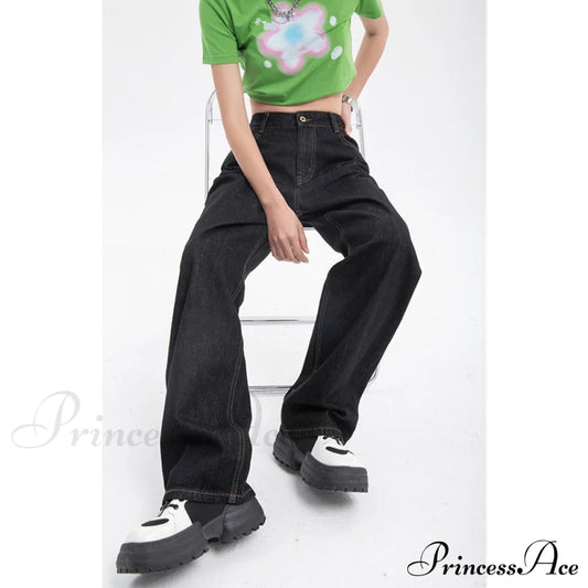 Leg High For Vintage Black Jean Straight Pants Trouser Wide Waist Denim - Women / Xs