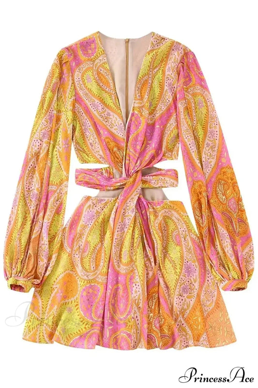 Legant Print Hollow Out Pleated Mini Boho Dress Orange / Xs