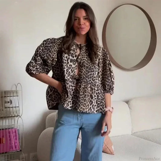 Leopard Bow Lace-Up Puff Sleeve Blouse leopard / S blouse-250223