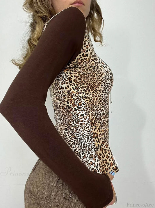 Leopard Patchwork Hooded Slim V-Neck Long Sleeve Knit Top knittop-250126