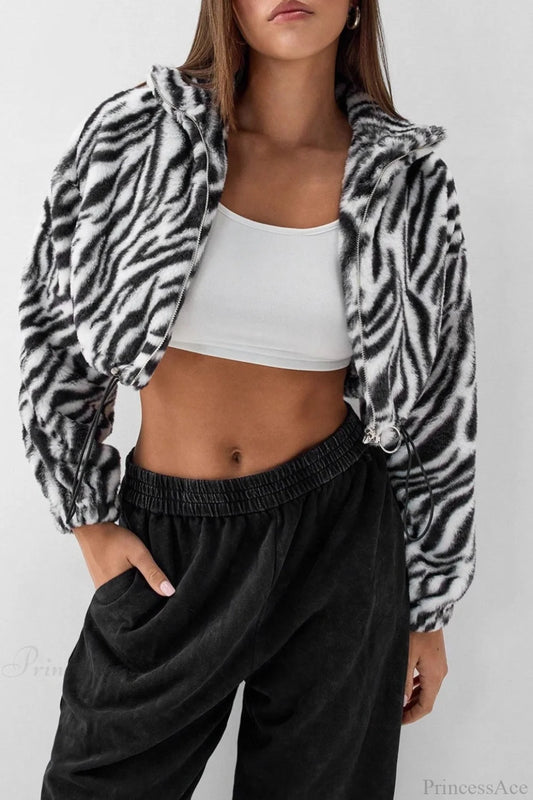 Leopard Print Fur Fleece-Lined Thickened Fluffy Jacket Black and White / S