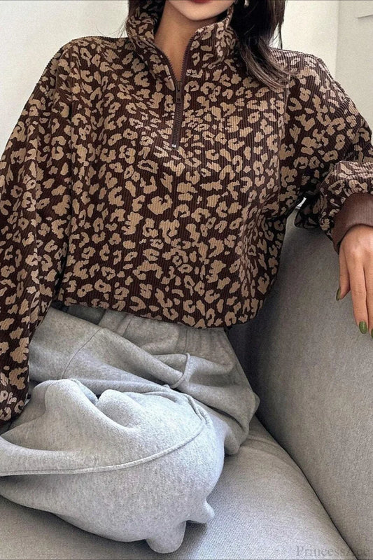 Leopard Print Half-Zip V-Neck Long Sleeve Sweatshirt