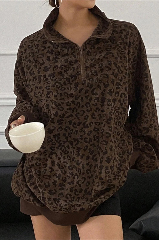 Leopard Print Half-Zip V-Neck Long Sleeve Sweatshirt Dark brown / S